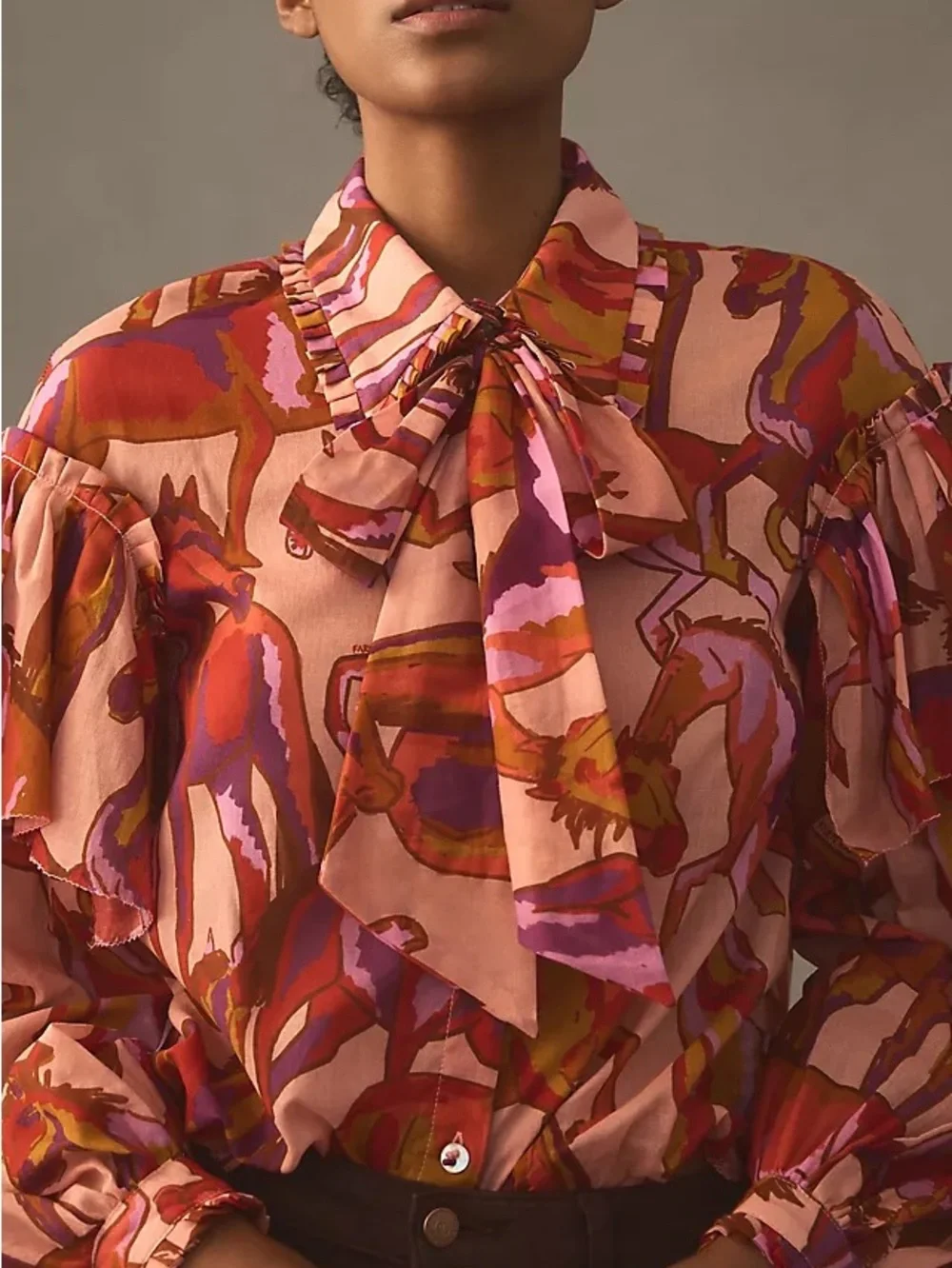 FARM Rio Pink Multi Horse-Print Ruffled Tie-Neck Blouse - Picture 4 of 4